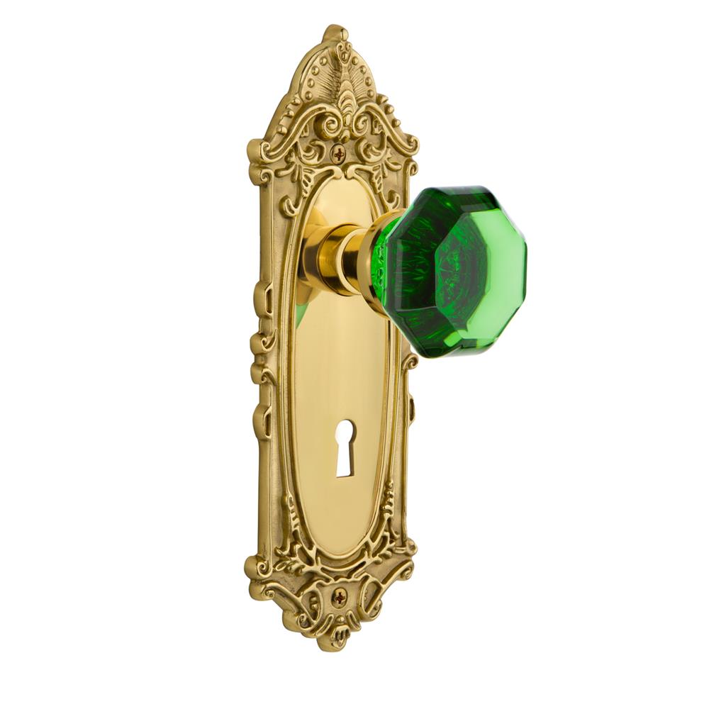 Nostalgic Warehouse VICWAE Colored Crystal Victorian Plate with Keyhole Single Dummy Waldorf Emerald Door Knob in Polished Brass